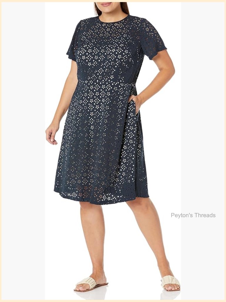 A-Line Short Sleeve Floral Laser Cut Crepe Knee-Length Dress